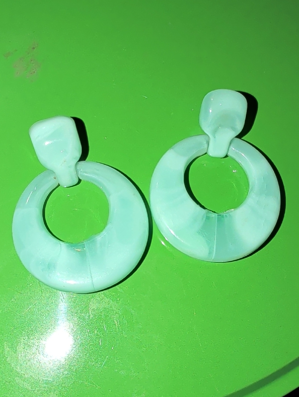 1980's Retro Blue/White Lucite Swirl Hoop Drop Post Earrings